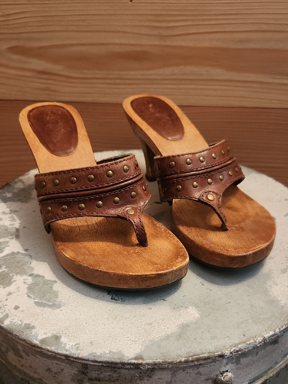 MIA Brown Leather Studded Wooden Mules